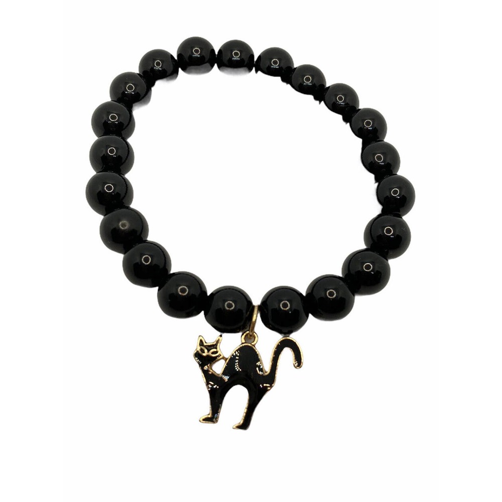 Vintage Avon Black Bead Expanded Bracelet W/Black Cat Charm